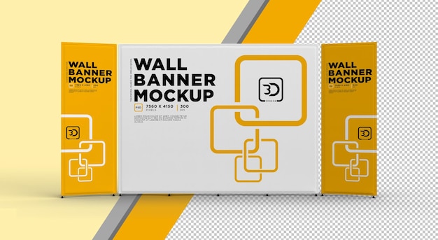 PSD exhibition wall banner cloth with pullup banners on either side realistic psd mockup