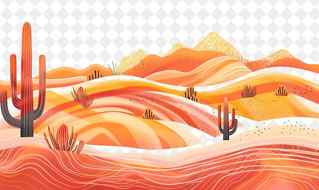 PSD exotic desert landscape with cacti and vibrant patterned tex illustration natural scenery design