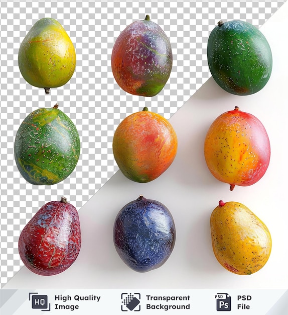 Exotic mango varieties collection with a red apple on transparent background