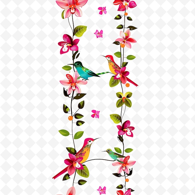 PSD exotic stem dangled with orchids and colorful birds in vibra png natural inspired flat borderline