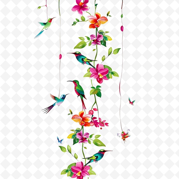 PSD exotic stem dangled with orchids and colorful birds in vibra png natural inspired flat borderline