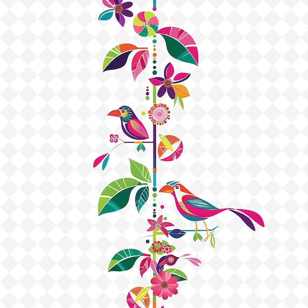 Exotic Stem Dangled With Orchids and Colorful Birds in Vibra PNG Natural Inspired Flat Borderline