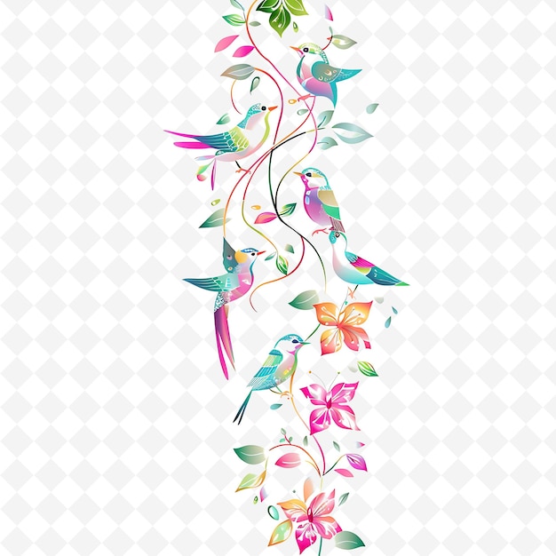 PSD exotic stem dangled with orchids and colorful birds in vibra png natural inspired flat borderline