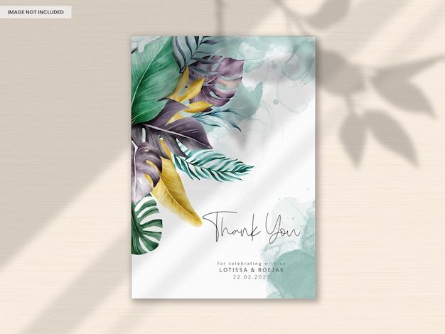 PSD exotic tropical leaves watercolor wedding invitation card set