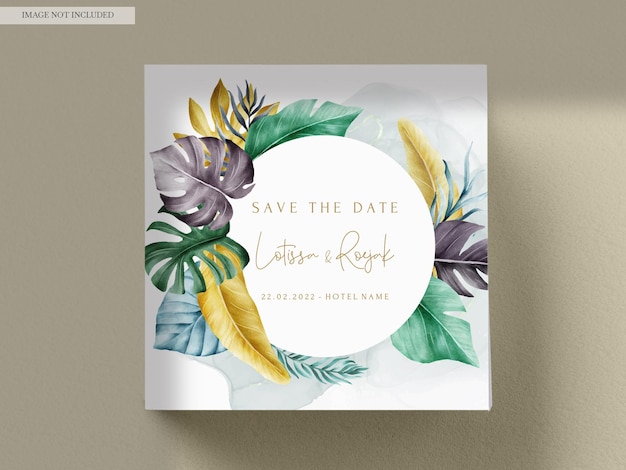 PSD exotic tropical leaves watercolor wedding invitation card set