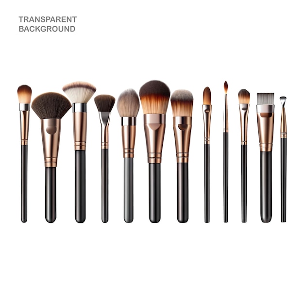 PSD expert makeup brushes are arranged and separated against a clear backdrop