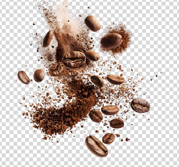 Exploding Coffee Beans and Powder on a Transparent Background