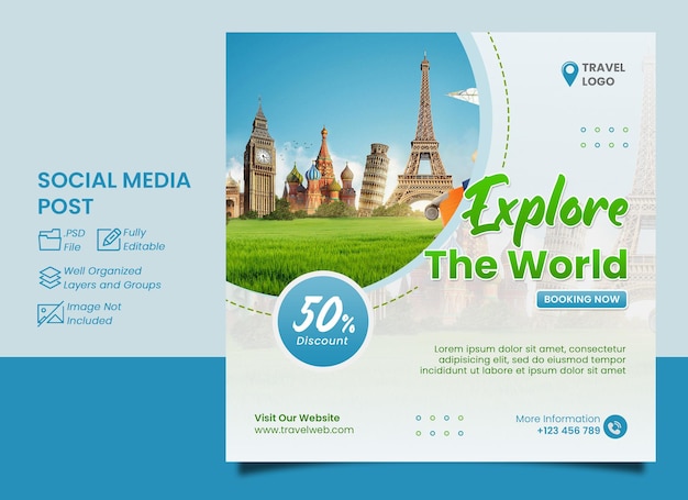 explore the world social media travel agency template design post