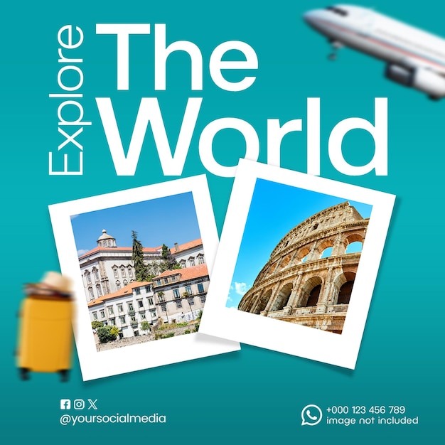 PSD explore the world travelling and tour promotional design for social media instagram post template