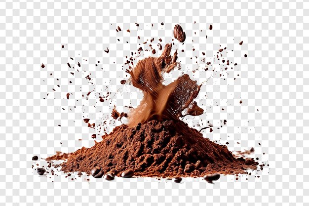 PSD explosion splash of ground coffee or cocoa powder with freeze isolated on transparent background