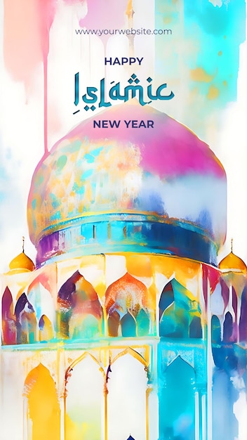 PSD expressive watercolor beautiful mosque illustration to celebrate the islamic new year