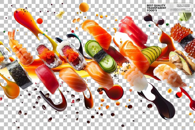 PSD exquisite platter of assorted sushi including nigiri and rolls on transparent background