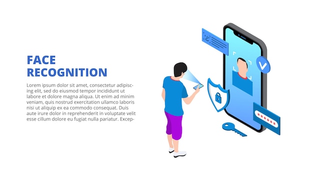 Face recognition with phone and man Isometric illustration