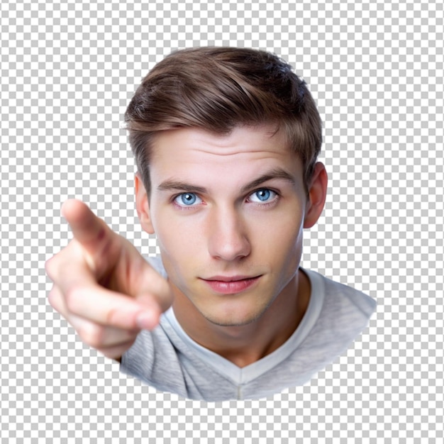 PSD the face of a young man with blue eyes who points on transparent background