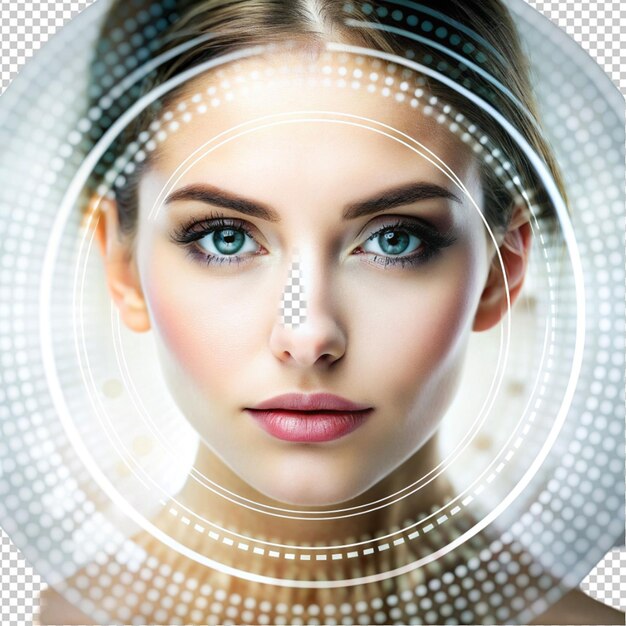 PSD face of young woman with zoom circles before on transparent background