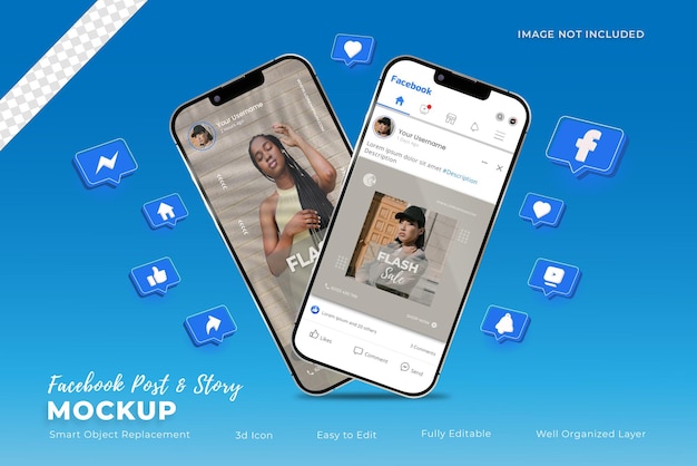 Facebook post and story on smartphone mockup with 3d icons