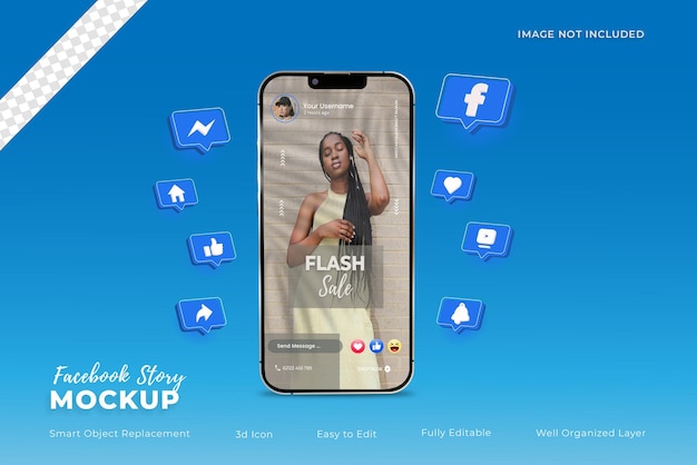 Facebook Story on smartphone mockup with 3d icons