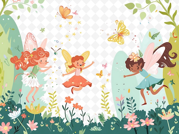 PSD fairy characters playing in a forest design is whimsical and flat illustration festival theme art