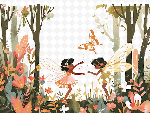 PSD fairy characters playing in a forest design is whimsical and flat illustration festival theme art