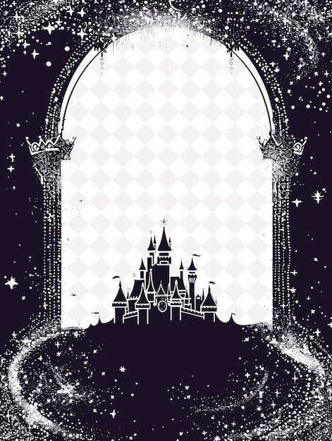 Fairy Tale Castle Frame With Glitter String and Crown Shapes PNG Creative Background Design