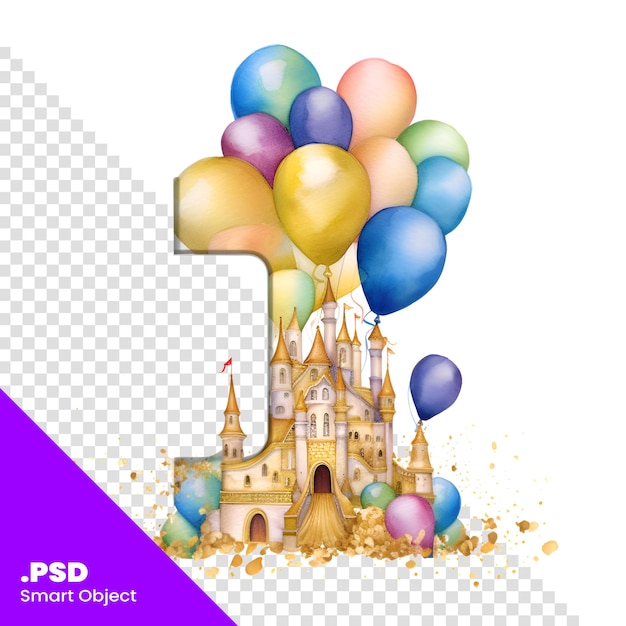 PSD fairy tale castle with balloons. watercolor illustration on white background psd template