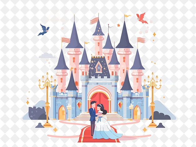 Fairy Tale Castle With Prince and Princess Characters Having People Life Style Flat Illustration