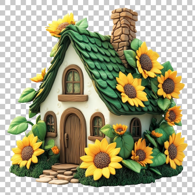 Fairy Tale Cottage Surrounded By Vibrant Sunflowers and Green Foliage