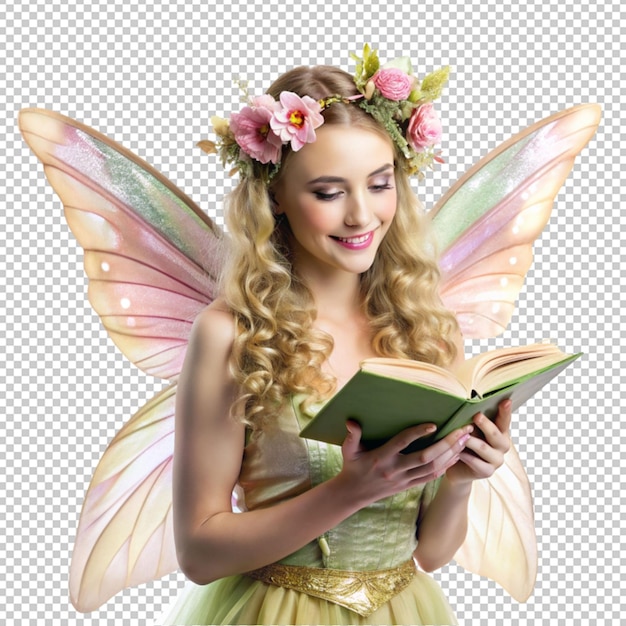 PSD a fairy with a book in her hands isolated on transparent background