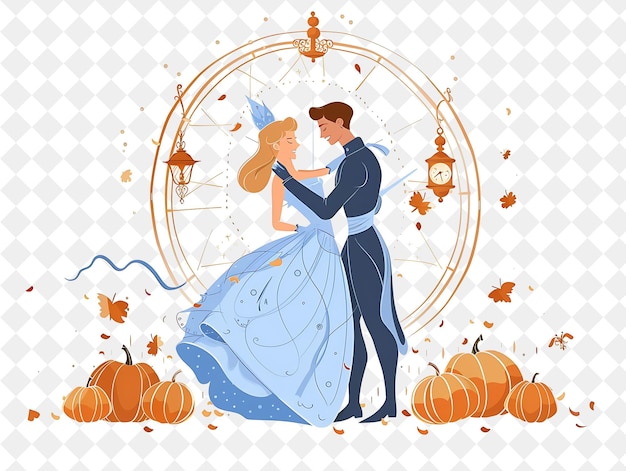 PSD fairytale ball with cinderella and prince charming dancing d people life style flat illustration