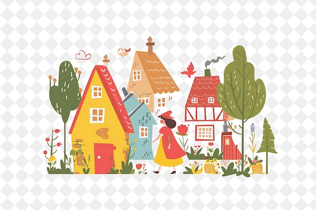 Fairytale Village With Little Red Riding Hood and the Big Ba People Life Style Flat Illustration