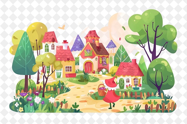 Fairytale Village With Little Red Riding Hood and the Big Ba People Life Style Flat Illustration