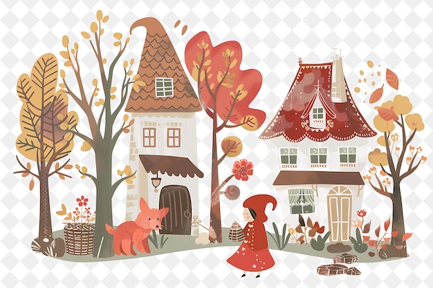 Fairytale Village With Little Red Riding Hood and the Big Ba People Life Style Flat Illustration