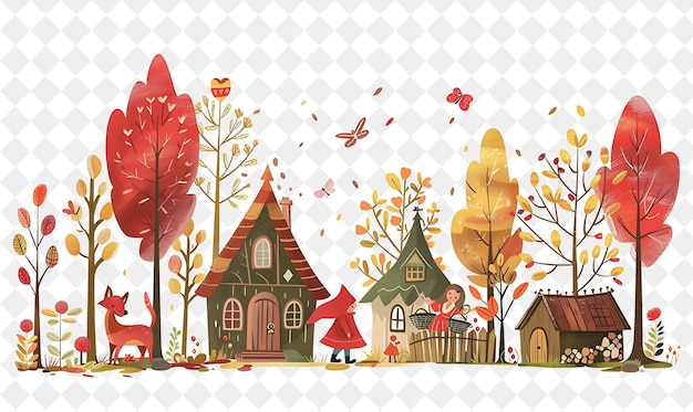 Fairytale Village With Little Red Riding Hood and the Big Ba People Life Style Flat Illustration