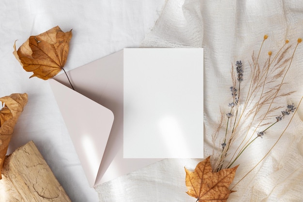 Fall 5x7 invitation card mockup with pink envelope on beige background