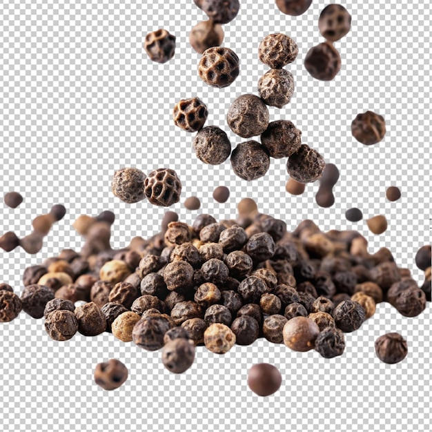 falling black pepper peppercorn on transparent background