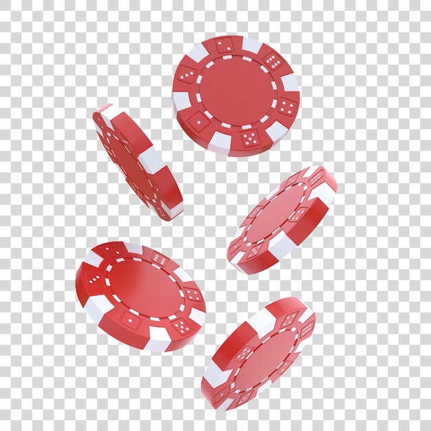 Falling casino chips on a white background Red chips are flying Concept of win or gambling 3D render