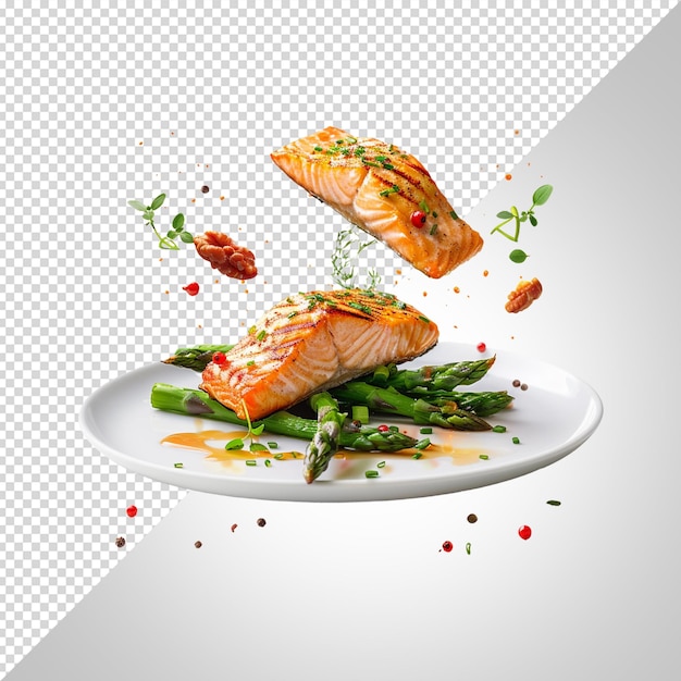 PSD falling or floated salmon slices isolated on transparent background png