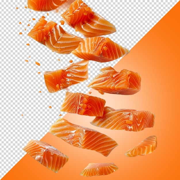 PSD falling or floated salmon slices isolated on transparent background png