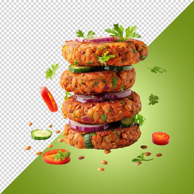 PSD falling or floated vegetarian burgers healthy vegetable cutlet isolated on transparent background p