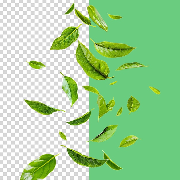 Falling green leaves isolated on transparent background