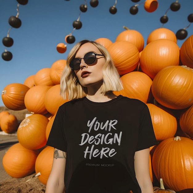 PSD falling for halloween autumn black tshirt mockup with a modern young woman