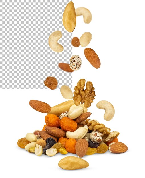 Falling nuts from top to bottom isolated on a transparent background