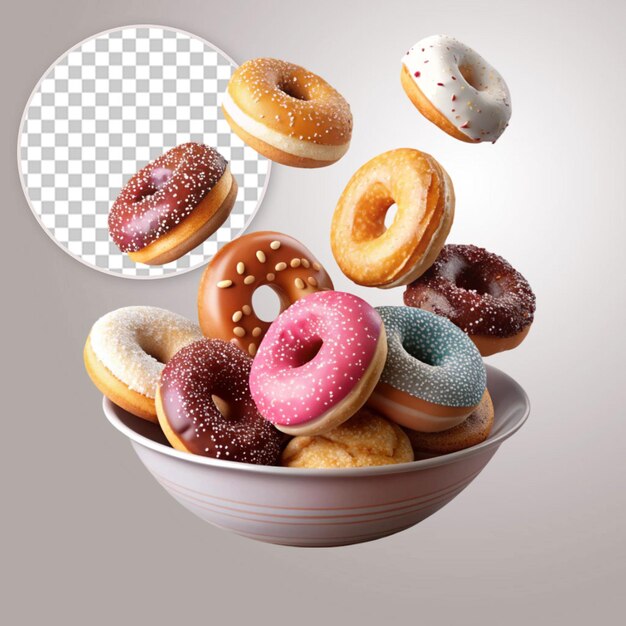 Falling sprinkled donuts isolated on transparent background