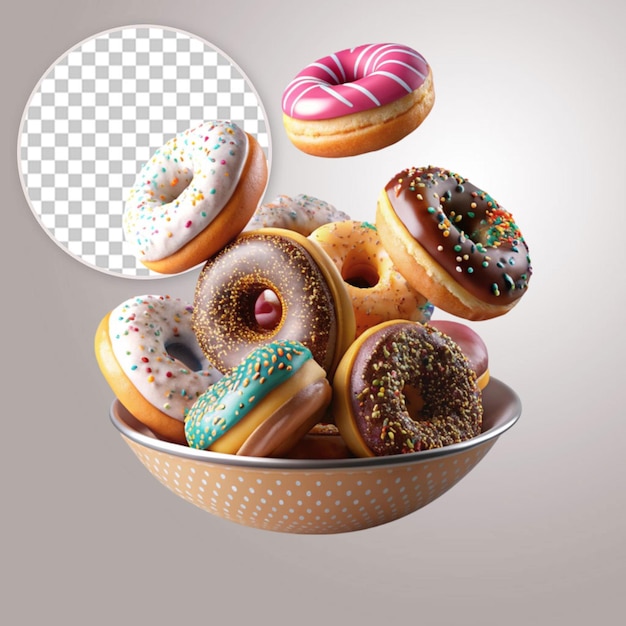 Falling sprinkled donuts isolated on transparent background