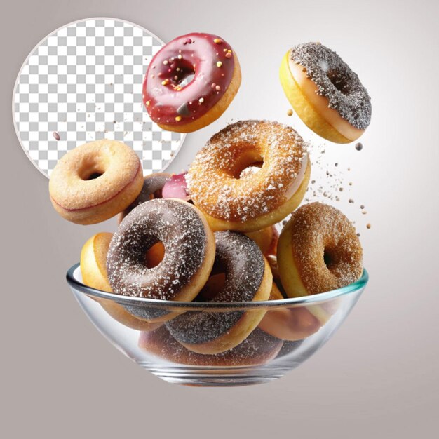 Falling sprinkled donuts isolated on transparent background