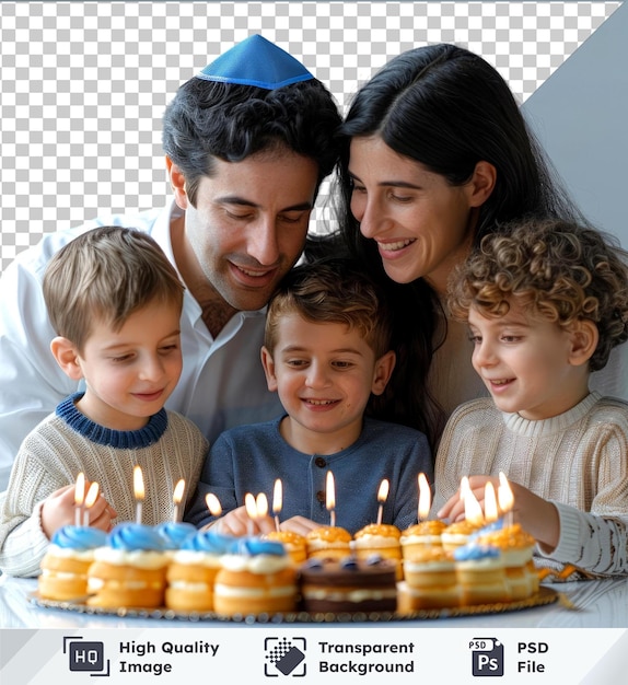 Family celebrating Hanukkah with lit candles and cake featuring a smiling man a woman with curly