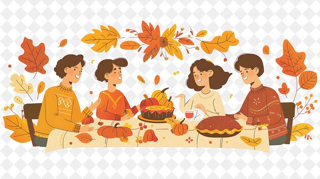 PSD a family of four sit at a table with autumn leaves and fruits