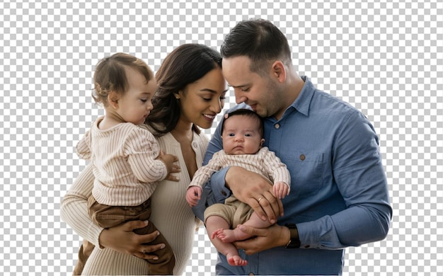 Family of four with one parent holding a toddler and the other holding a baby isolated on transpare