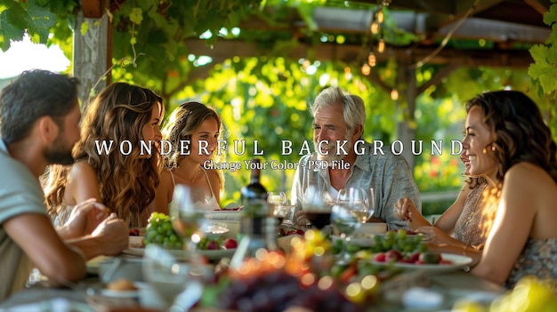 PSD family gathering around a table in a beautiful garden