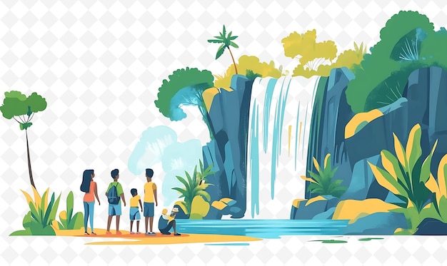 a family is standing in front of a waterfall